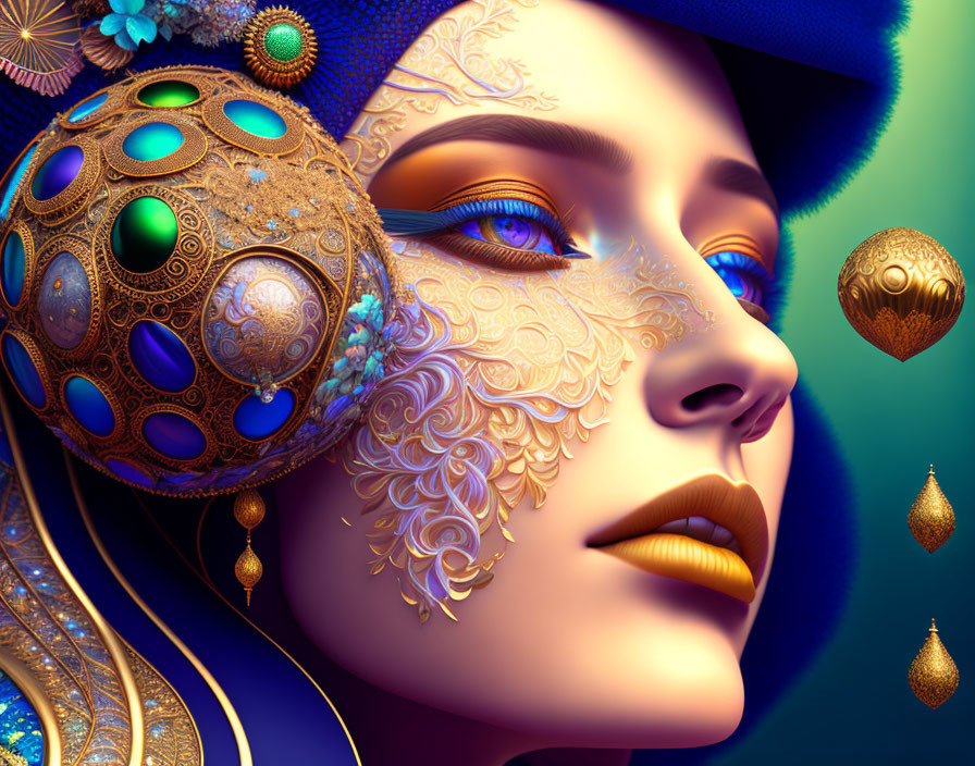 Intricate golden filigree adorns woman in digital art