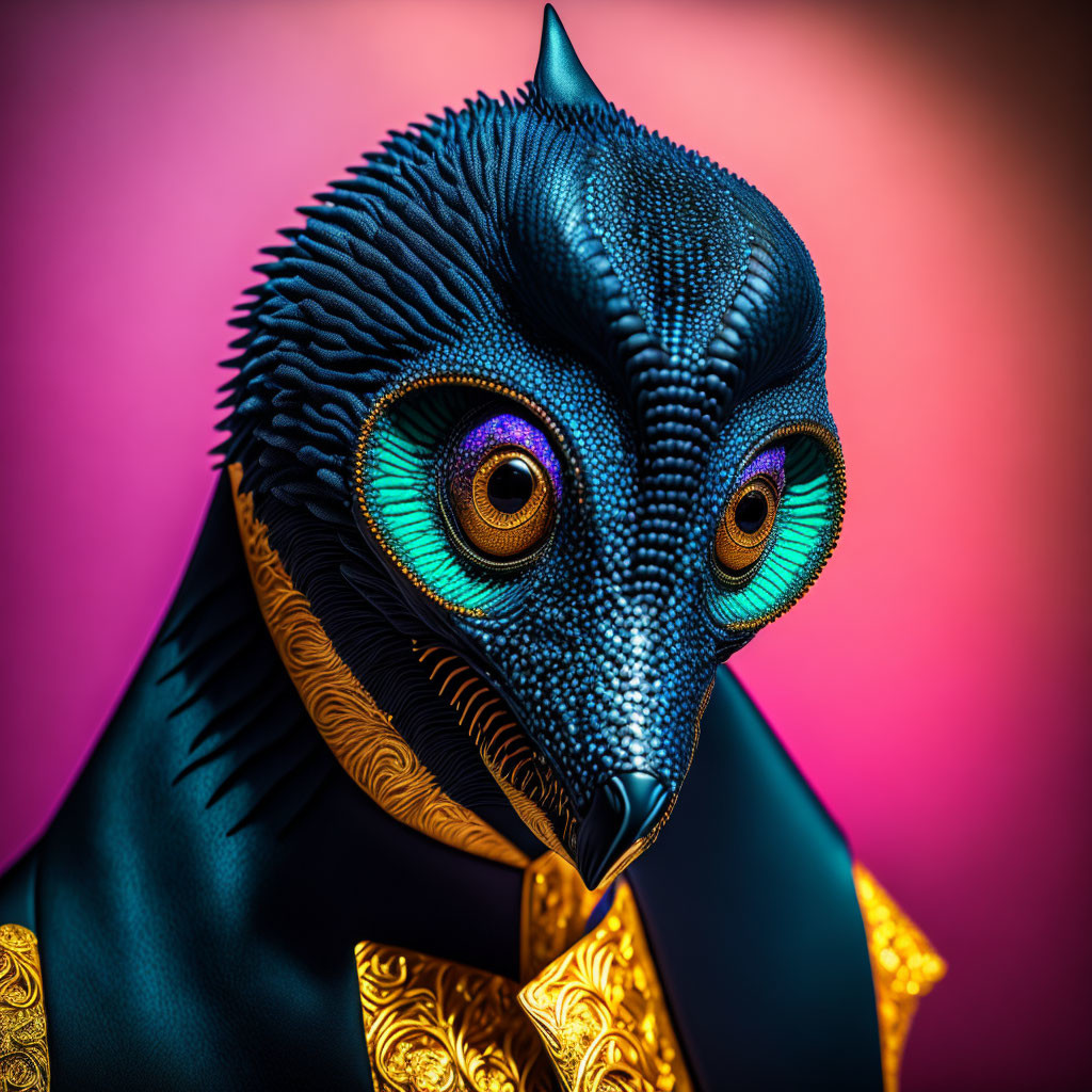 Colorful Stylized Bird Sculpture with Textured Details on Gradient Background