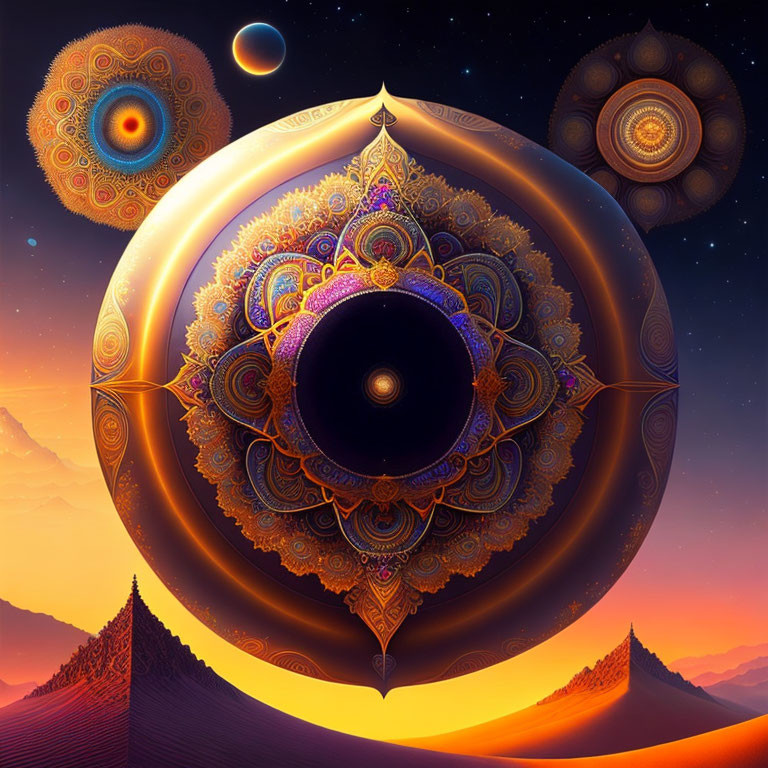 Colorful mandala art in cosmic landscape with planets and stars