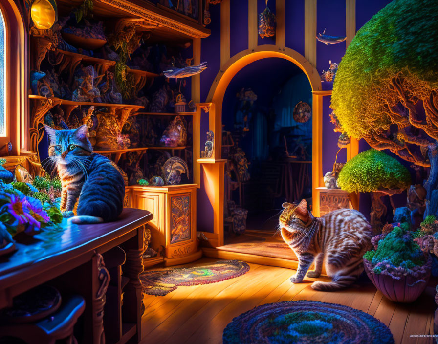 Magical indoor setting with two cats and whimsical decor