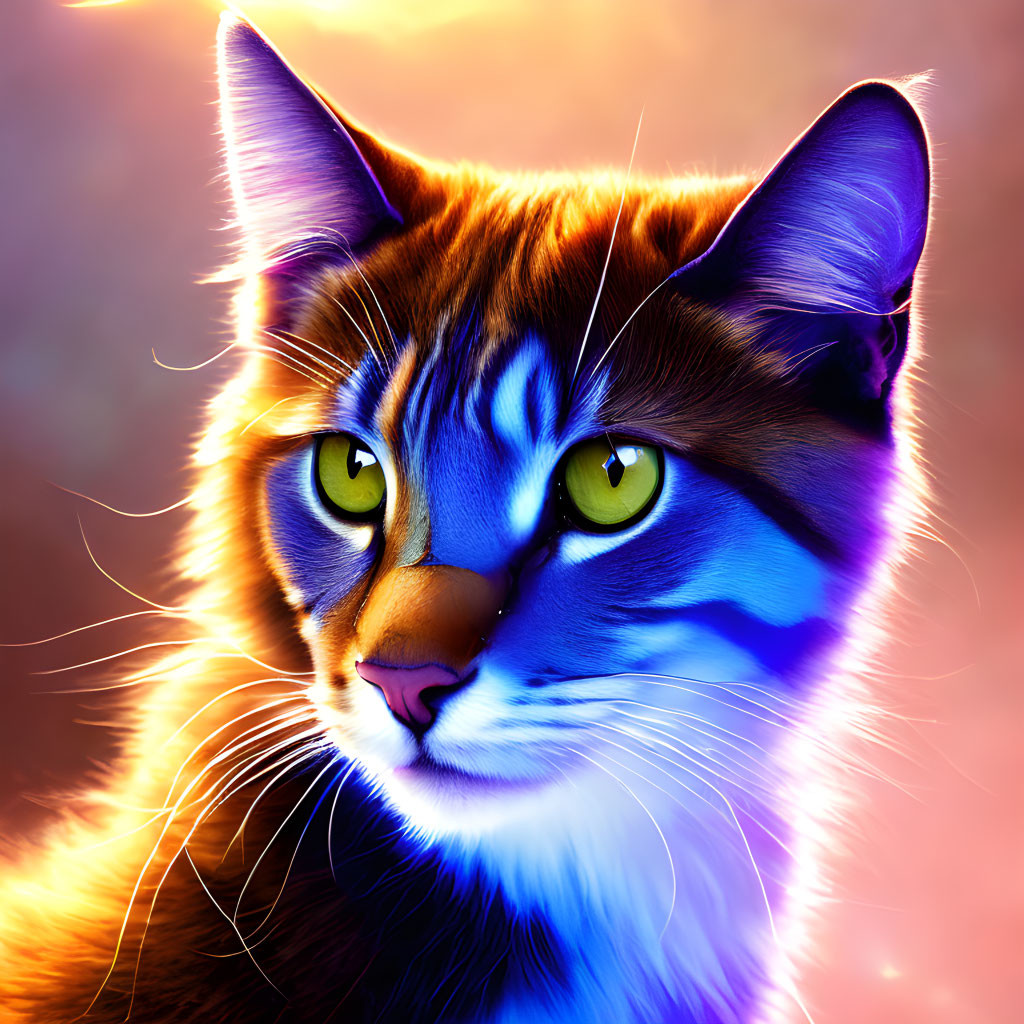 Colorful Digital Art: Cat with Glowing Eyes & Dynamic Lighting