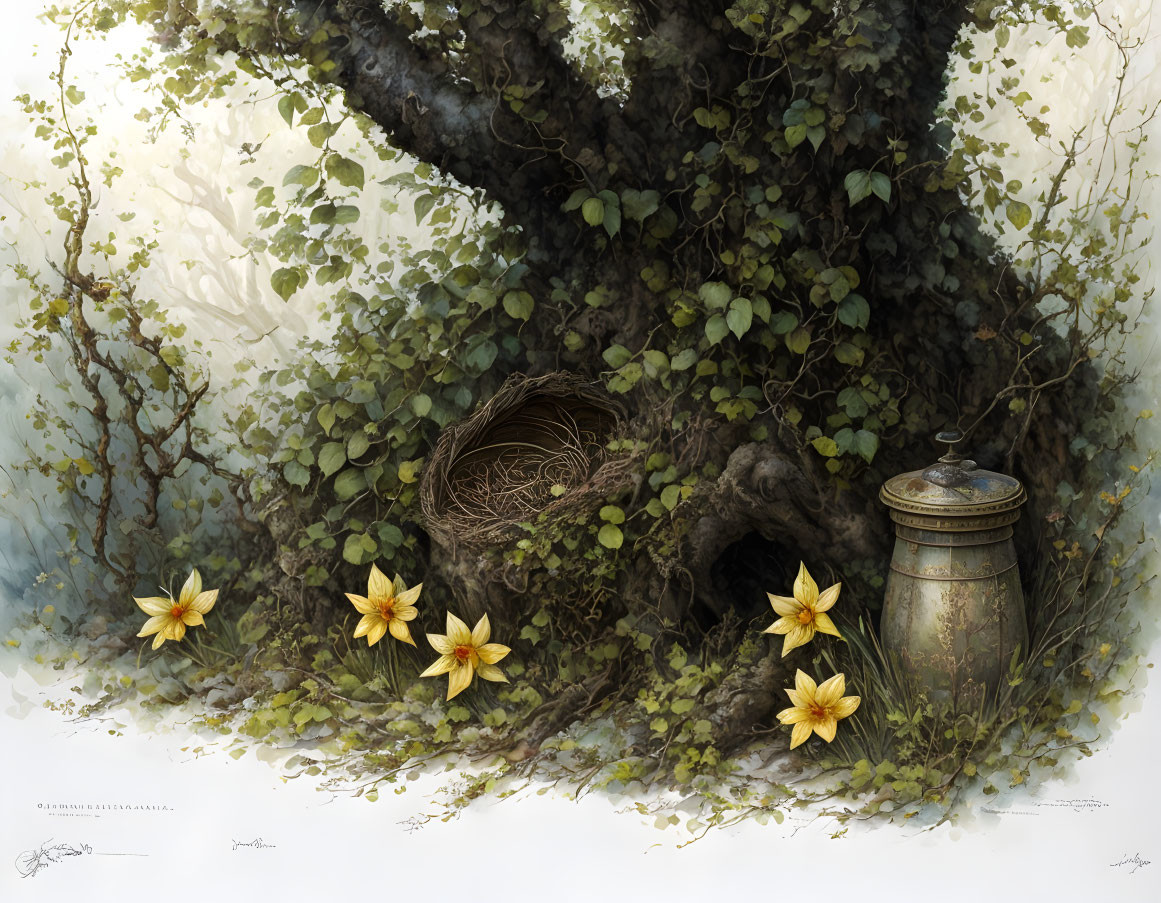 Tranquil forest illustration with old tree, bird's nest, flowers & vintage lantern