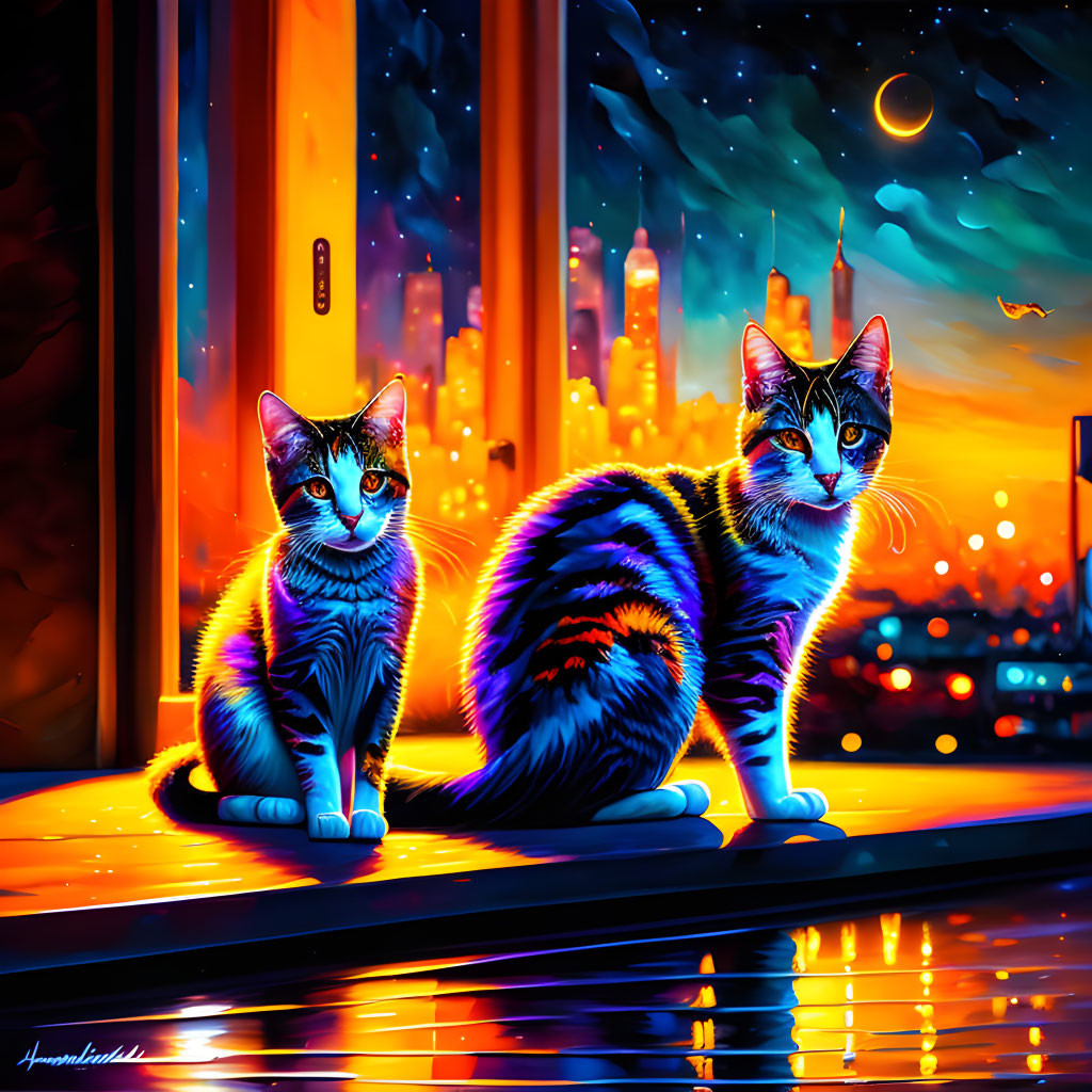 Colorful Cats on Porch with Neon Cityscape and Starry Sky