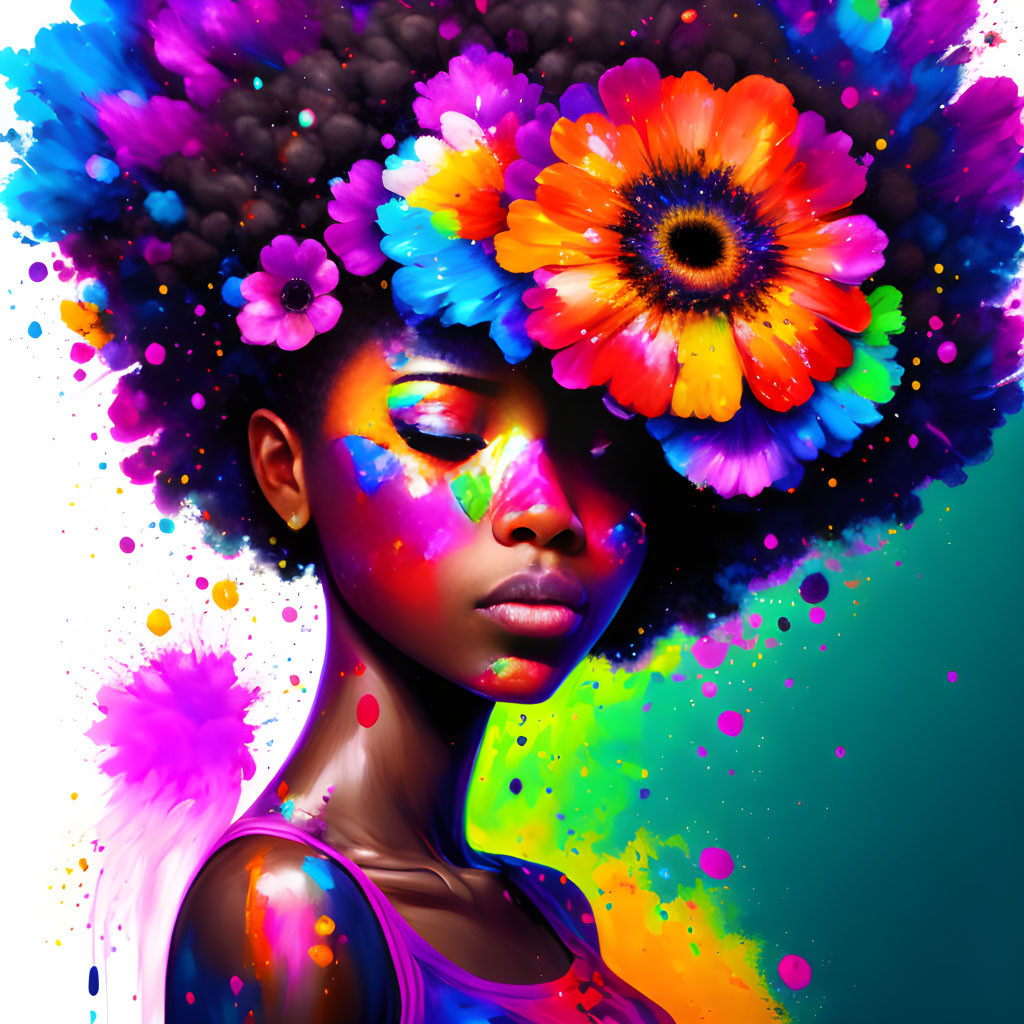 Colorful makeup and flowers in hair portrait with bright paint splashes