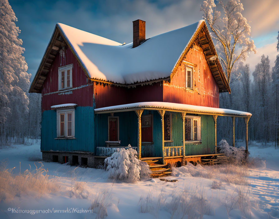 Traditional Wooden House with Red and Blue Walls in Snowy Landscape