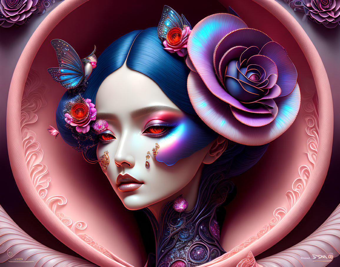 Digital artwork featuring woman with blue hair and floral motifs.