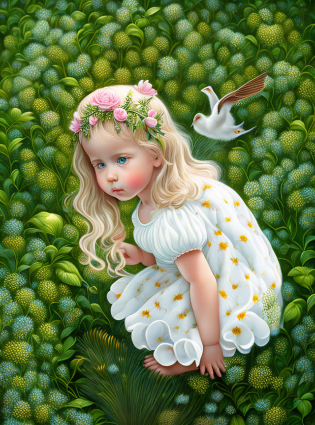 Young girl with floral headband in white dress surrounded by green foliage and yellow stars, white bird flying