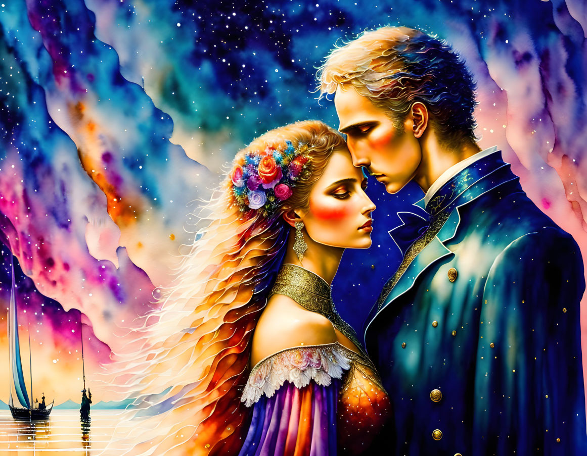 Romantic couple in vintage attire embracing with cosmic fantasy background