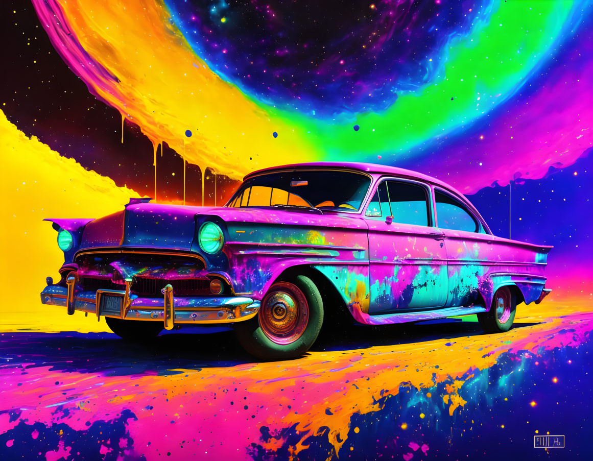 Colorful Psychedelic Classic Car Against Neon Cosmic Background