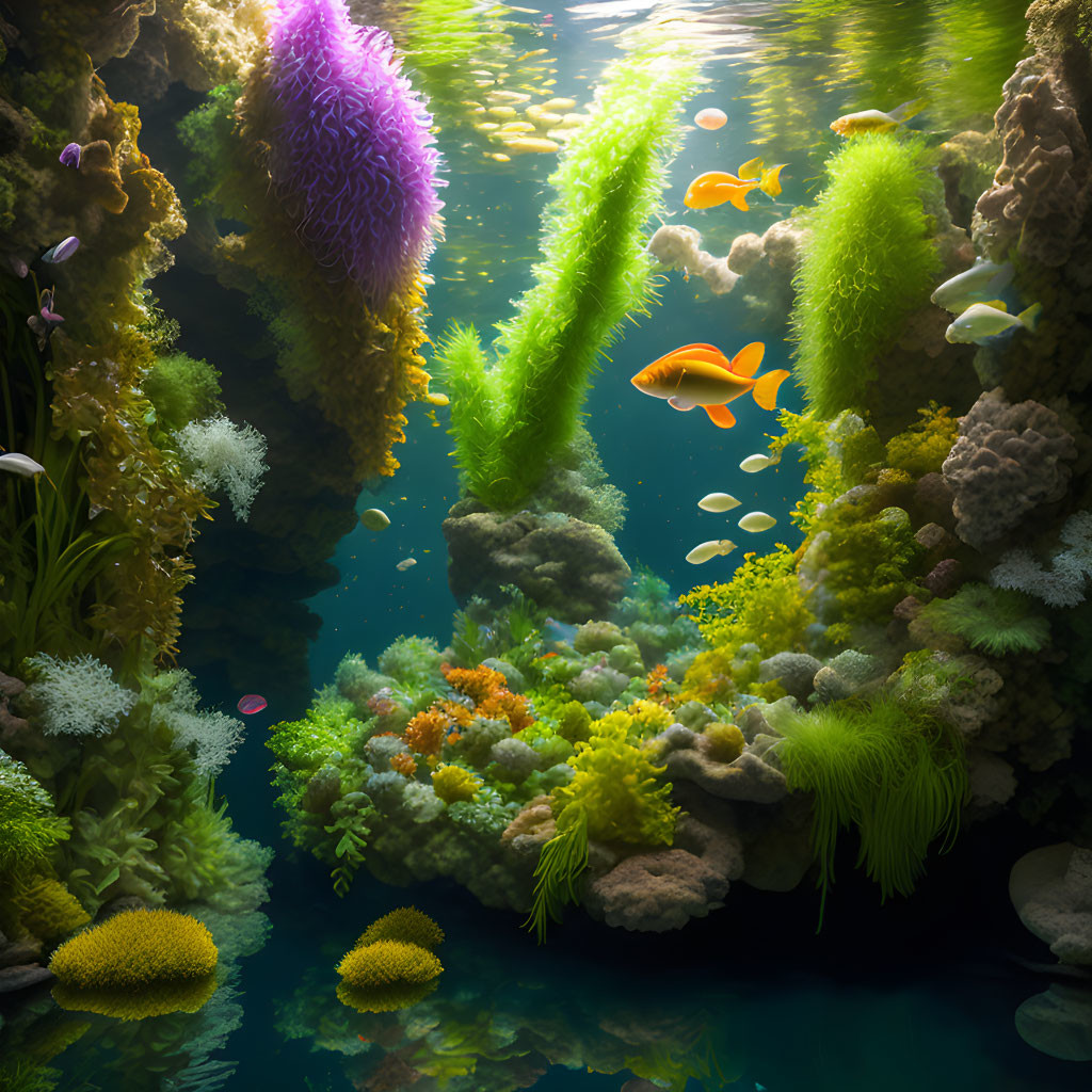 Sunbeams illuminate coral reef with colorful fish and aquatic plants