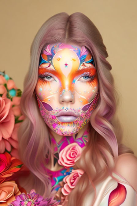 Digitally altered image of person with pastel pink hair and vibrant floral makeup in orange, pink,