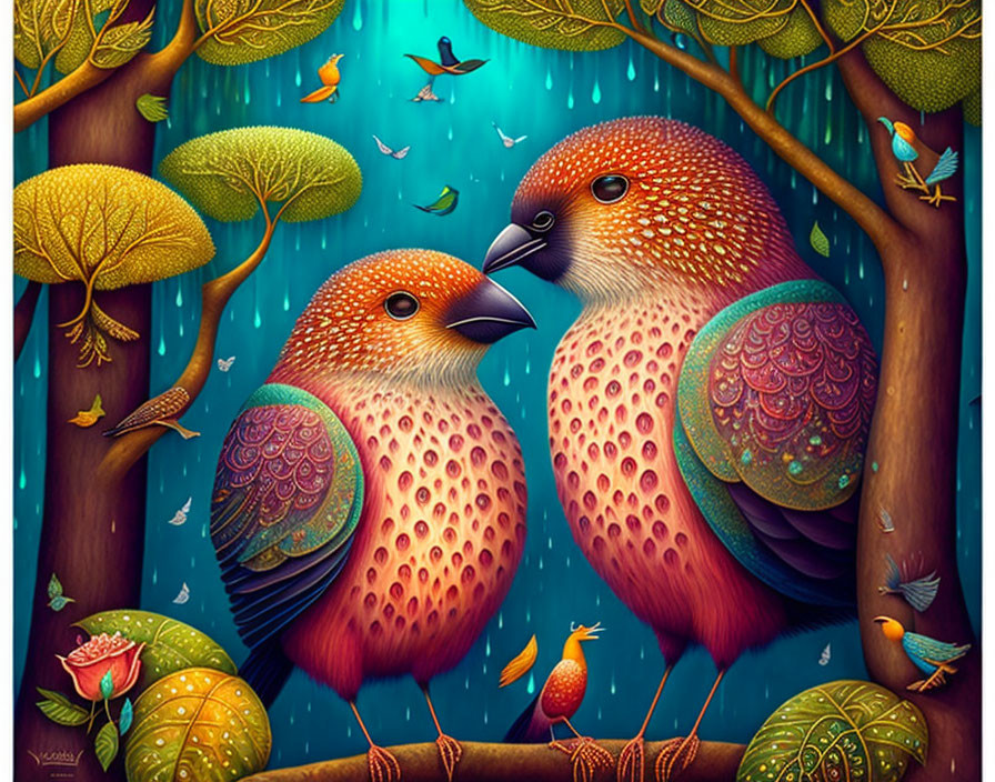 Colorful Stylized Birds in Vibrant Forest with Trees