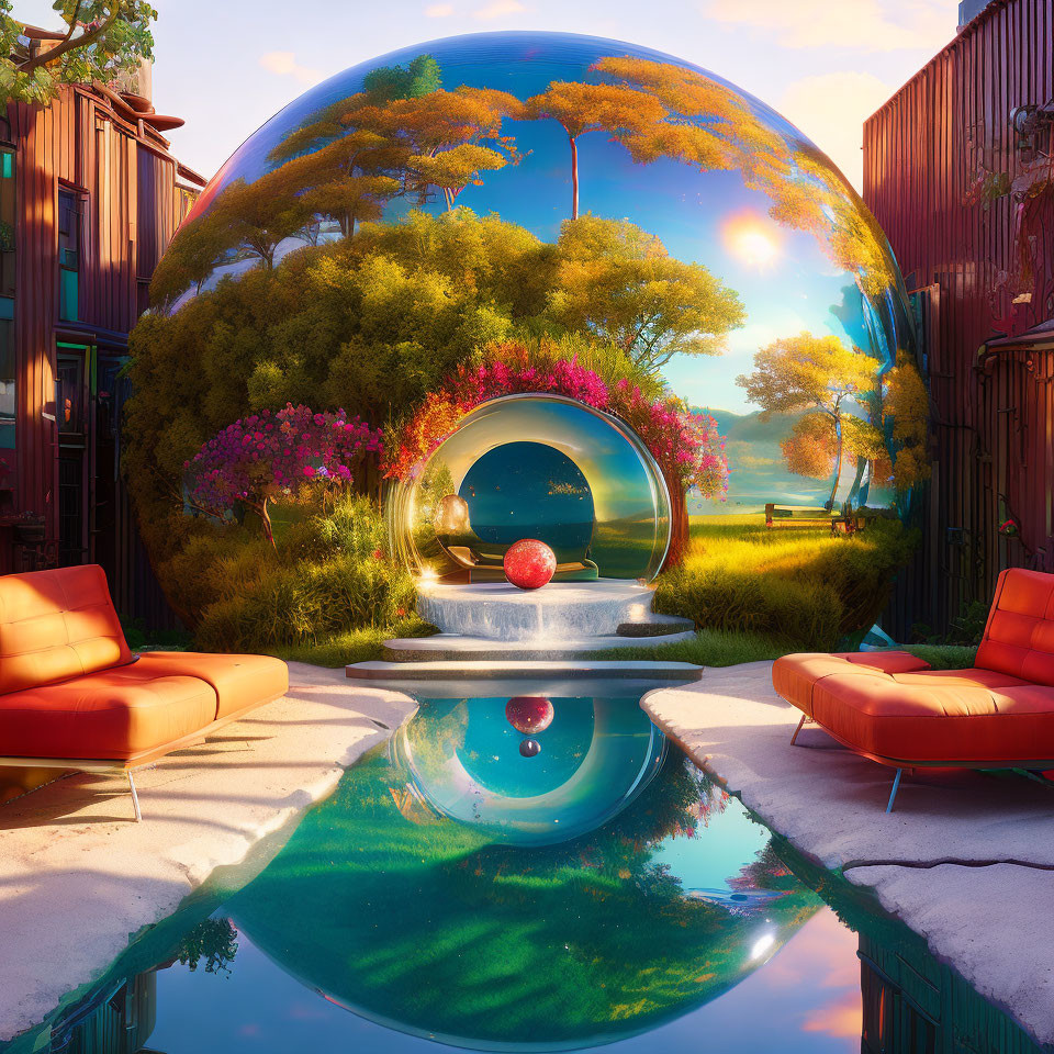 Tranquil outdoor scene with reflective sphere and vibrant garden