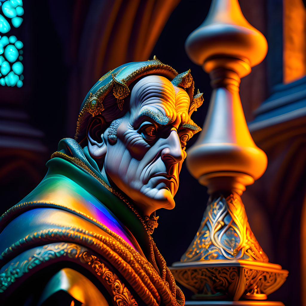 Detailed 3D render: pensive aristocratic man in ornate attire, dramatic cathedral background