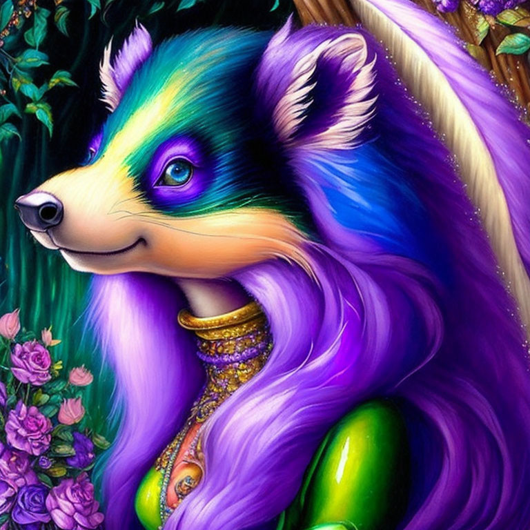 Colorful whimsical creature with hedgehog face and mane in flower-filled scene