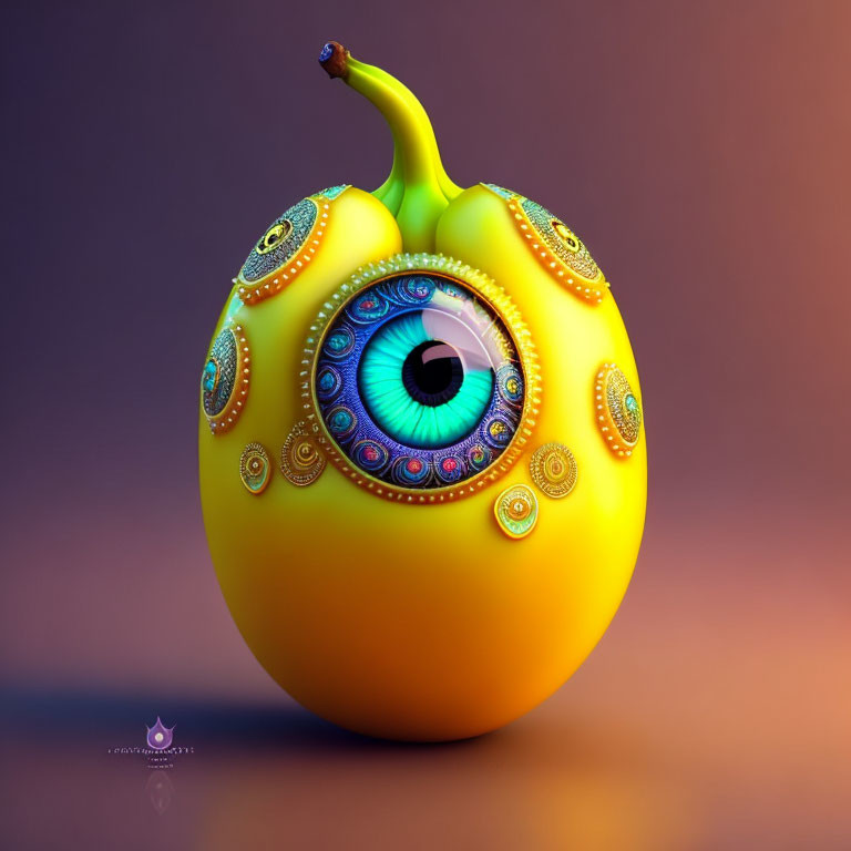 Vividly colored eye on surreal pear with intricate circular designs