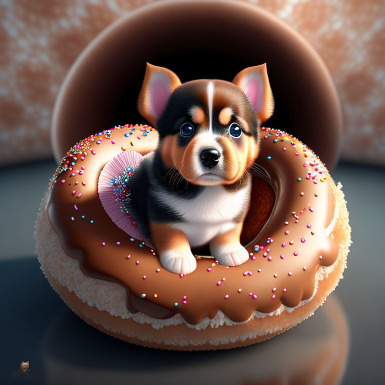 Shiny-coated puppy on chocolate doughnut with sprinkles