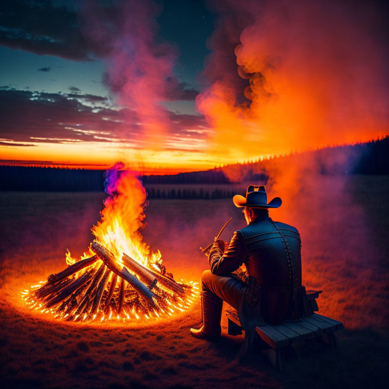 Cowboy hat person by vibrant bonfire at twilight with forest backdrop.