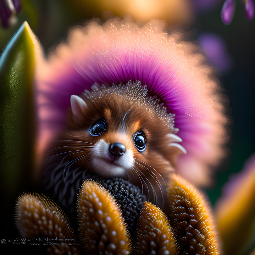 Illustration of whimsical hedgehog-like creature with vibrant frill and expressive eyes