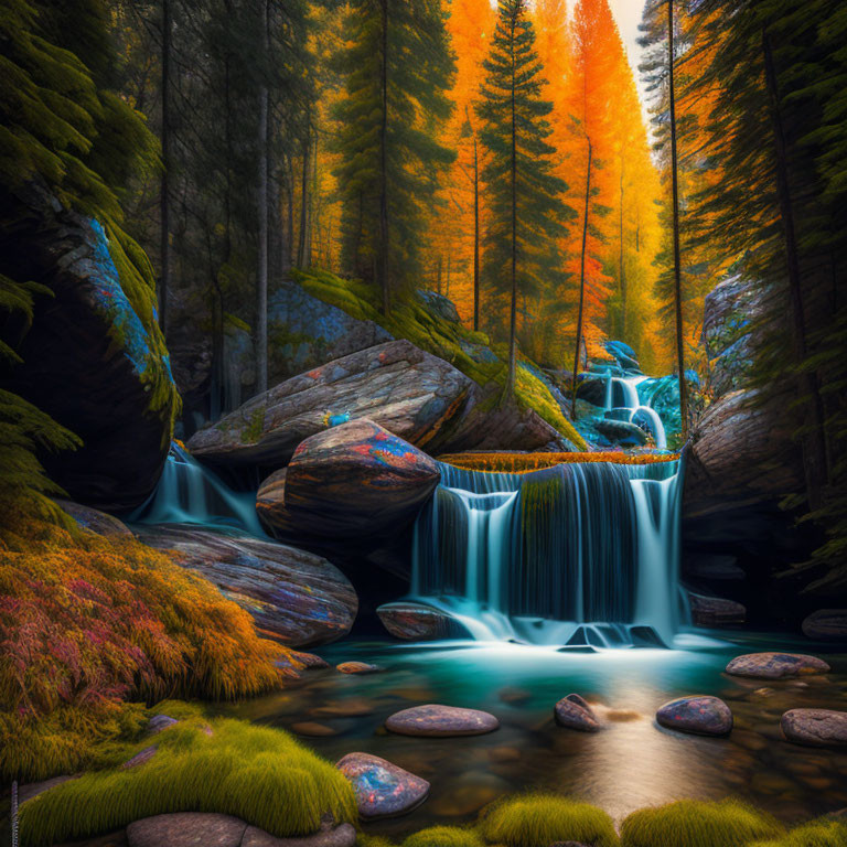 Autumnal trees frame serene waterfall in nature scene