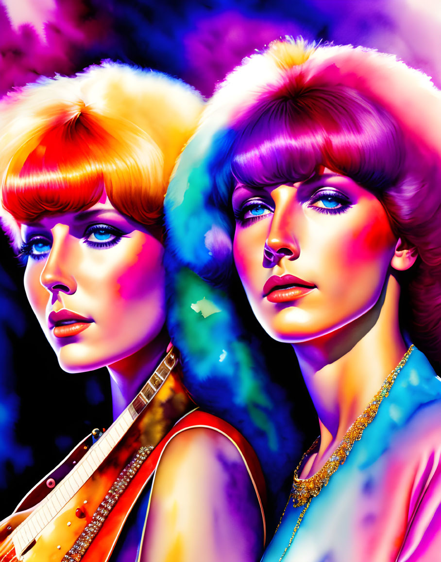 Vibrant retro hairstyles on two women with colorful lighting and a guitar, evoking a psychedelic '