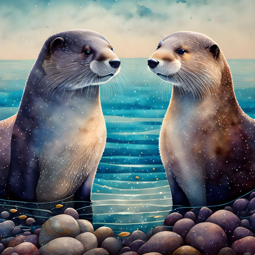 Illustrated otters with starry transition above water and pebbles, water droplets backdrop.