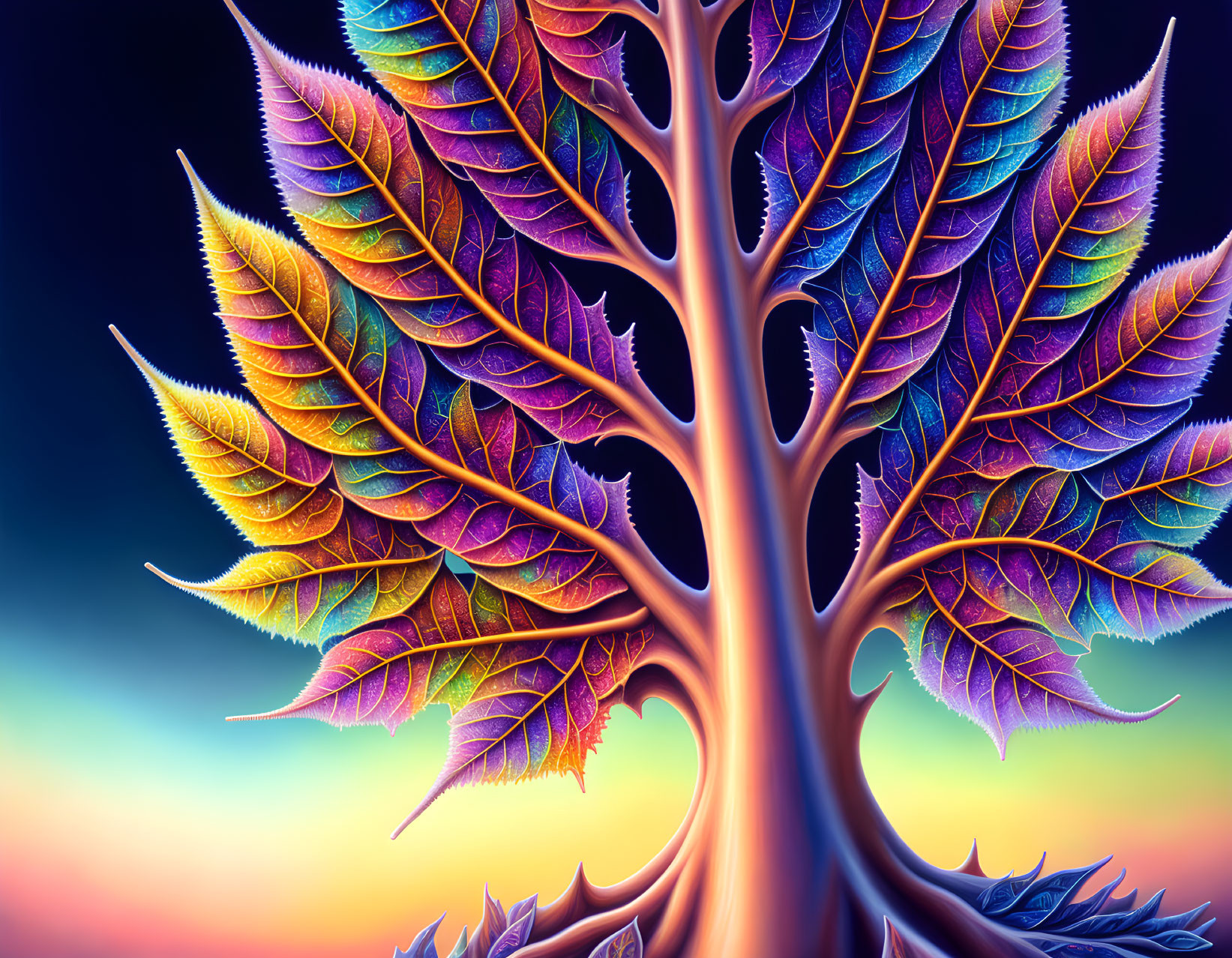 Colorful digital artwork: Tree with blue, purple, and orange leaves against sunset sky