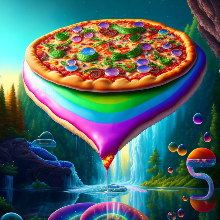 Surreal floating pizza with melting rainbow base above fantastical landscape