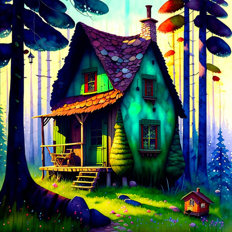 Vibrant forest cottage illustration with colorful trees and cozy house