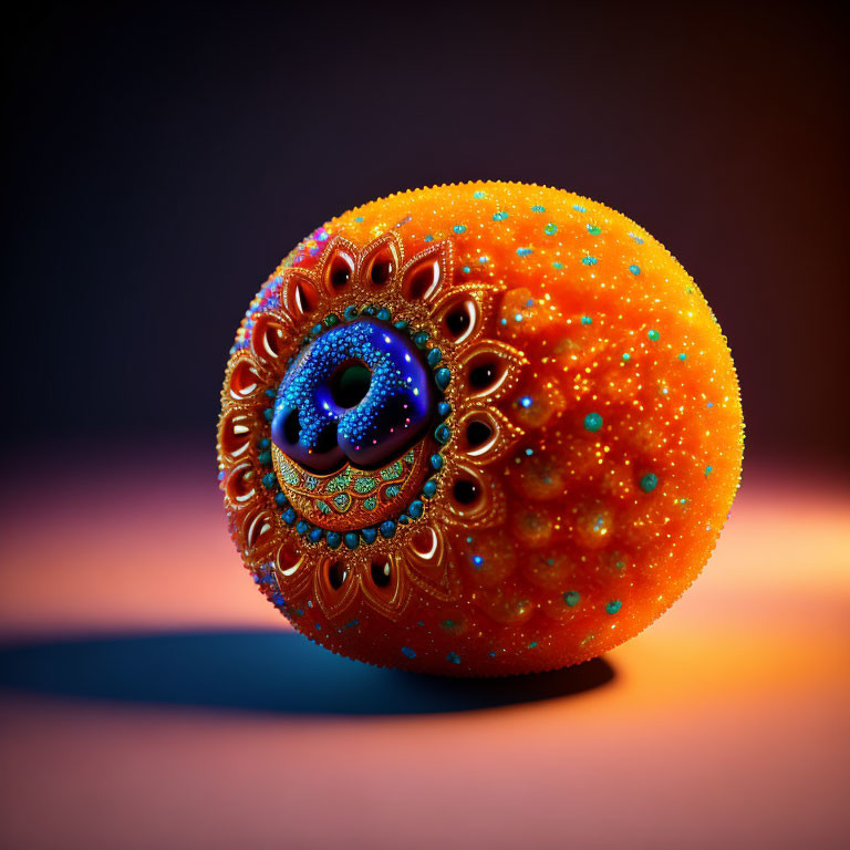 Colorful Ornate Sphere with Jeweled Texture on Blue-Orange Gradient Background