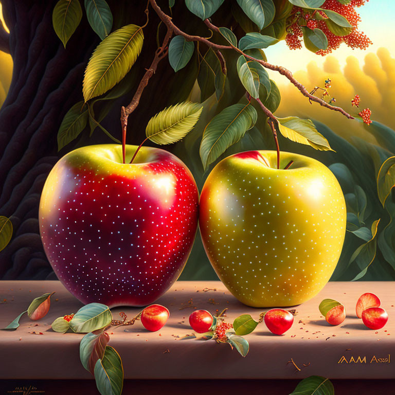 Hyper-realistic Red and Yellow Apples on Ledge with Galaxy and Petal Patterns