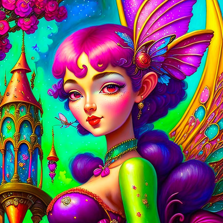 Colorful Fairy Illustration with Pink Hair and Butterfly Wings