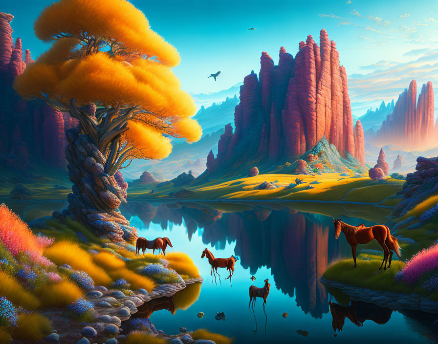 Colorful Fantasy Landscape: Horses, Lake, Pink Rocks, Flora, Orange Tree