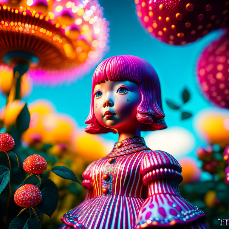 Colorful digital art of a girl with pink hair in a striped dress amid whimsical flowers