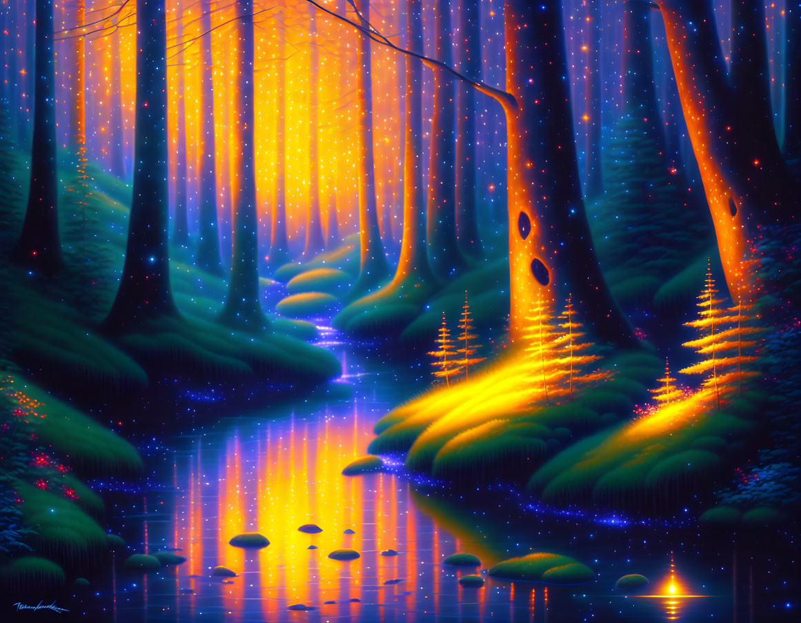 Mystical forest with bioluminescent trees and glowing colors