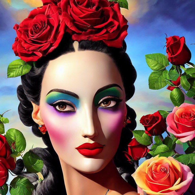 Colorful makeup woman with rainbow eyeshadow and roses in hair under blue sky