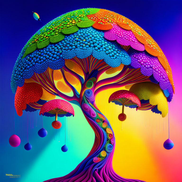 Colorful Whimsical Tree Artwork on Gradient Background