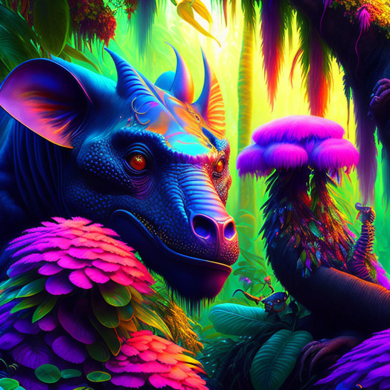 Neon-colored jungle digital art with stylized bull, exotic plants, mushrooms, and peacock