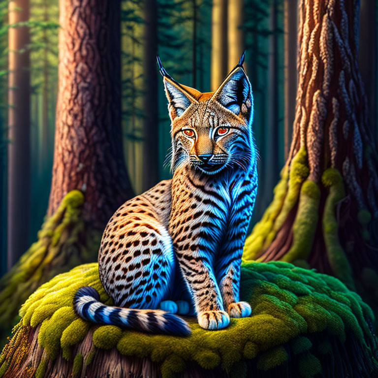 Colorful Lynx Illustration Sitting on Moss-Covered Stump