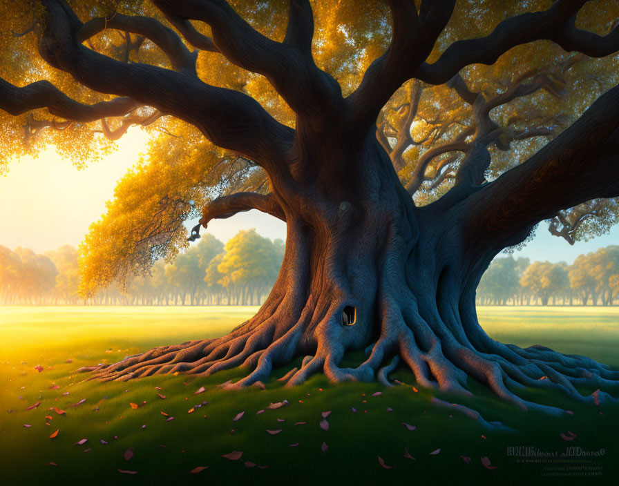 Majestic tree with sprawling roots in serene meadow at sunrise