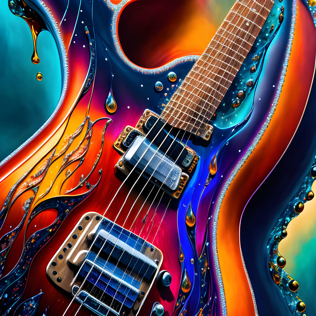 Colorful Abstract Electric Guitar Artwork with Liquid-Like Patterns