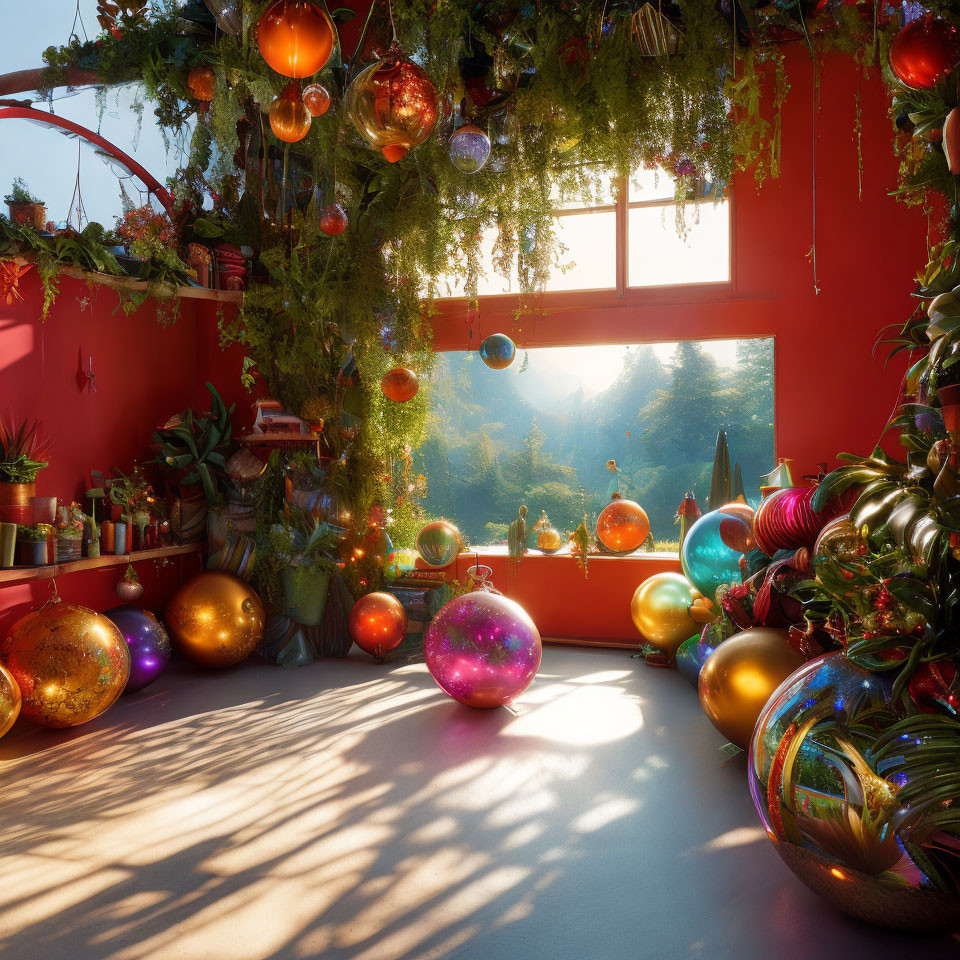 Colorful Christmas Ornaments in Sunlit Room with Forest View