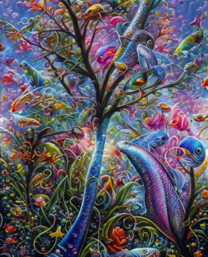 Colorful psychedelic tree with fish and foliage in underwater fantasy