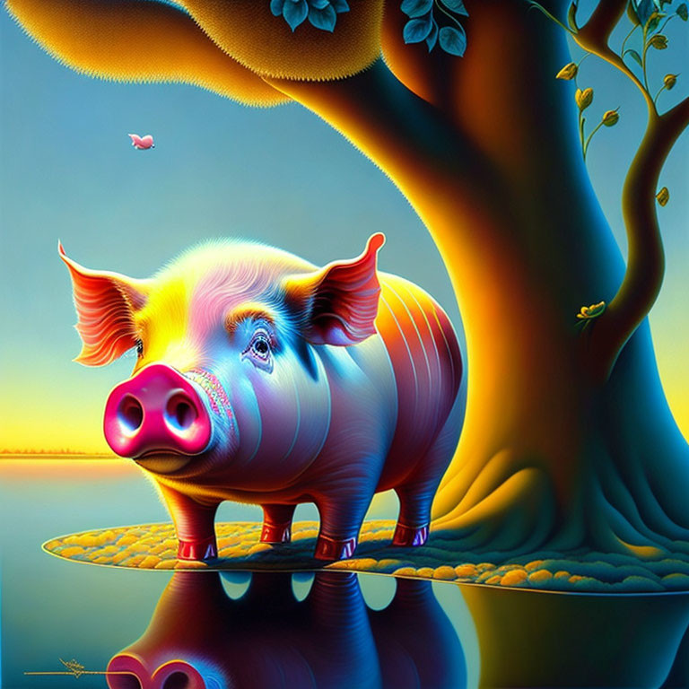 Colorful whimsical pig with butterfly wings under tree in golden-hour sky