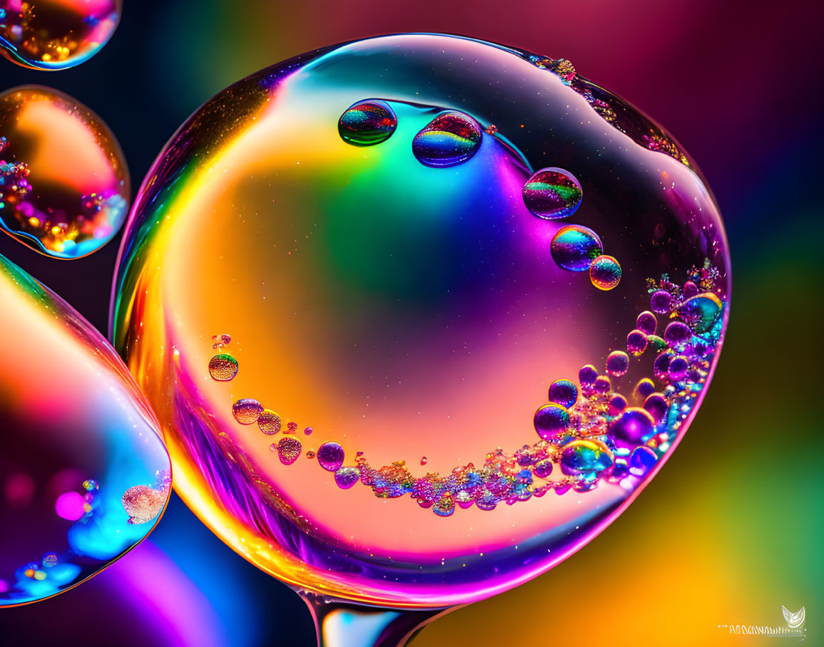 Colorful swirling soap bubbles on multicolored backdrop