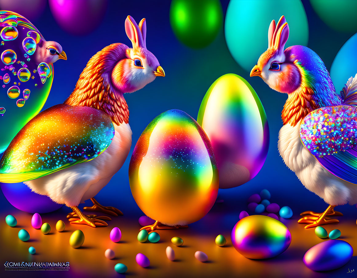 Colorful digital art: Chickens with peacock tail feathers and sparkling eggs on blue.