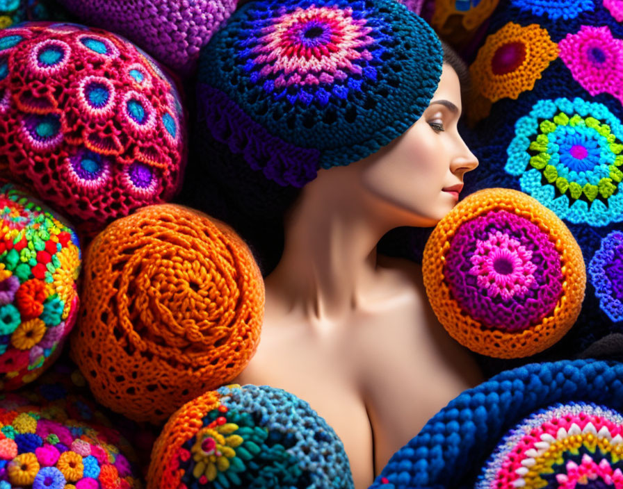 Woman surrounded by vibrant crocheted items: hats and spheres