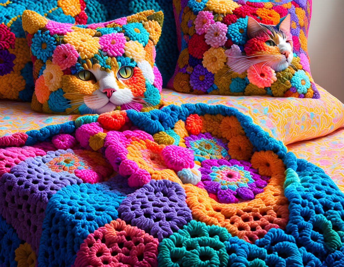 Vibrant Crocheted Crafts: Cat Face Pillows and Textured Blanket