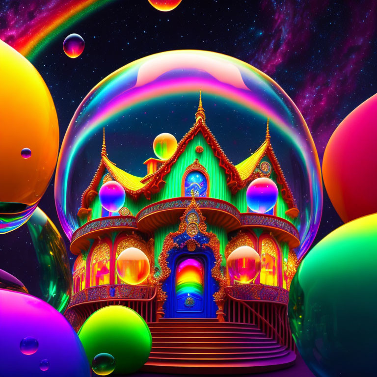 Multicolored fantasy palace in transparent bubble with cosmic starscape.
