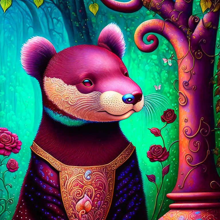 Colorful anthropomorphic bear in ornate attire on whimsical floral background